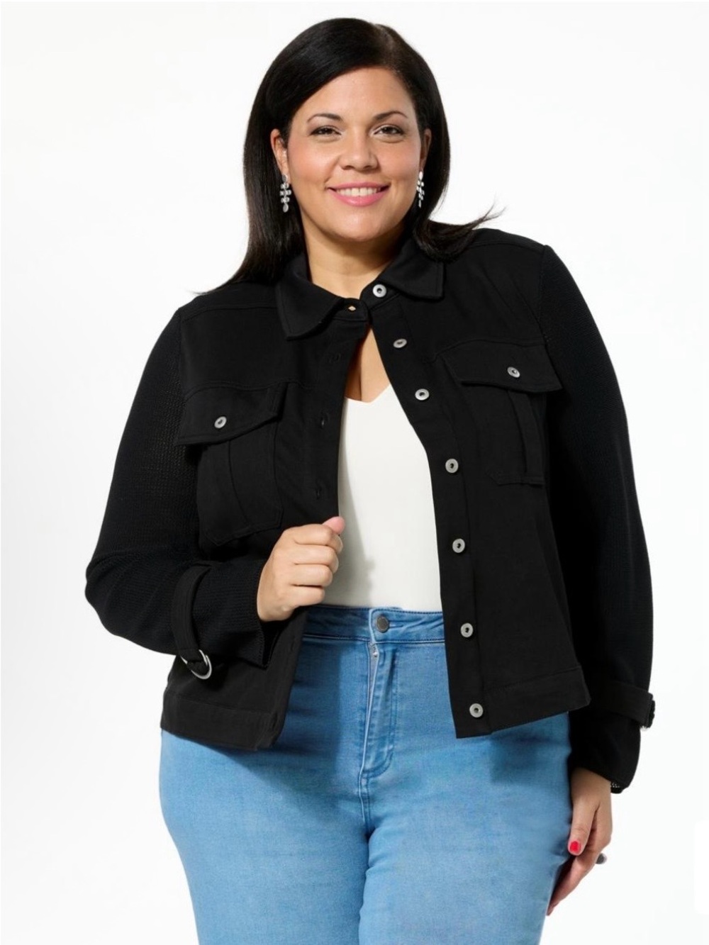 Grey By Jhoan Sebastian Grey Woman’s 2X Knit Denim Moto Jacket Black Mesh Sleeve
